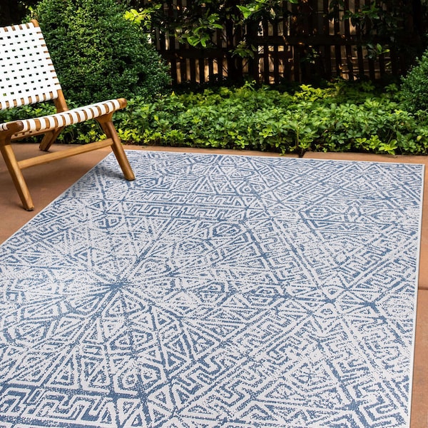 World Rug Gallery Contemporary Geometric Weather Resistant Indoor/Outdoor Area Rug 5' x 7' Blue 4028BLUE5X7 - main